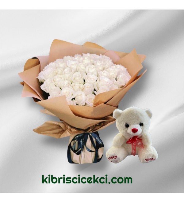 45 Beyaz Gül Buketi Ayıcık